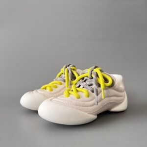 AuroraCustom Alexander McQueen Flexion Low-Top Leather Casual Sneakers (Pristine Cream Elephant-Grain Texture & Neon Yellow Two-Tone Utility Lacing Women's Edition)