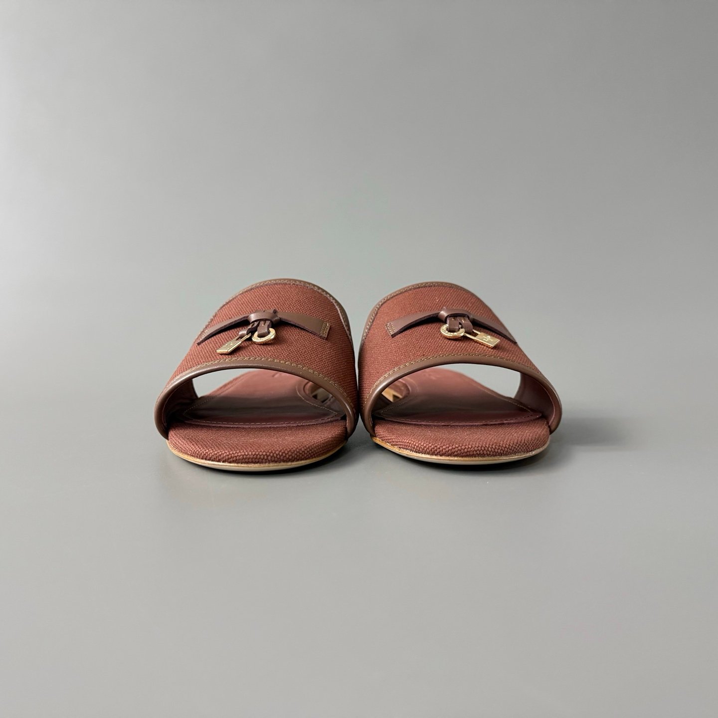 AuroraCustom Loro Piana Summer Charms Flat Slide Sandals (Premium Imported Canvas Textile, Calfskin Paneling & Signature Metal Charms Women's Coffee Edition) - Image 3