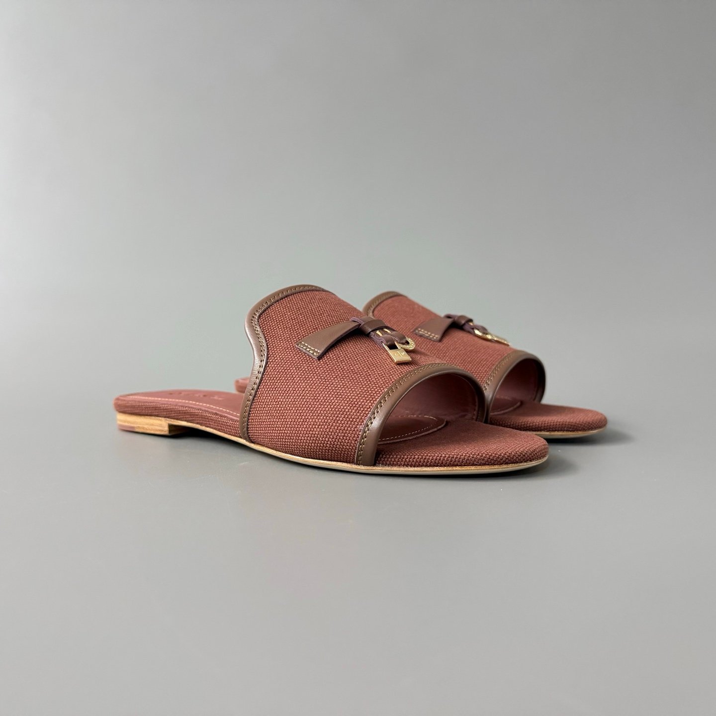 AuroraCustom Loro Piana Summer Charms Flat Slide Sandals (Premium Imported Canvas Textile, Calfskin Paneling & Signature Metal Charms Women's Coffee Edition) - Image 4