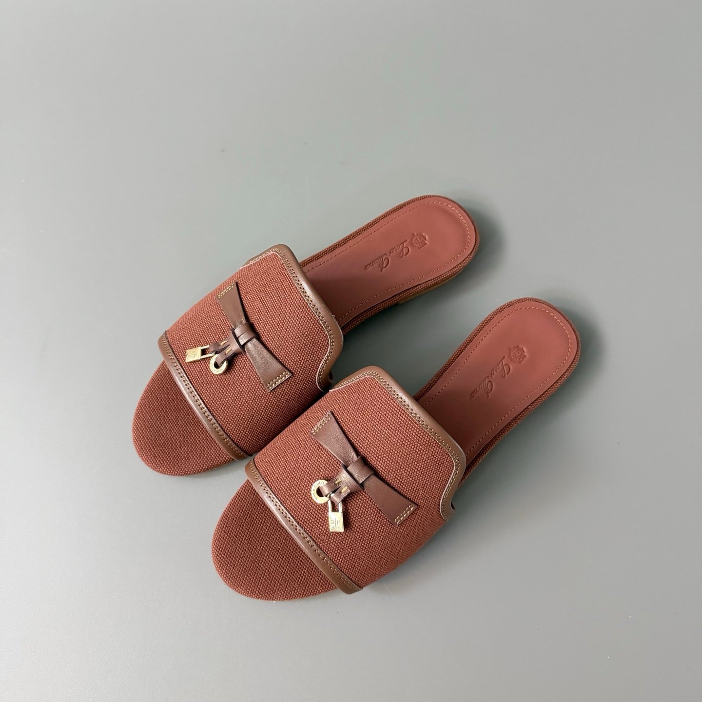 AuroraCustom Loro Piana Summer Charms Flat Slide Sandals (Premium Imported Canvas Textile, Calfskin Paneling & Signature Metal Charms Women's Coffee Edition) - Image 9