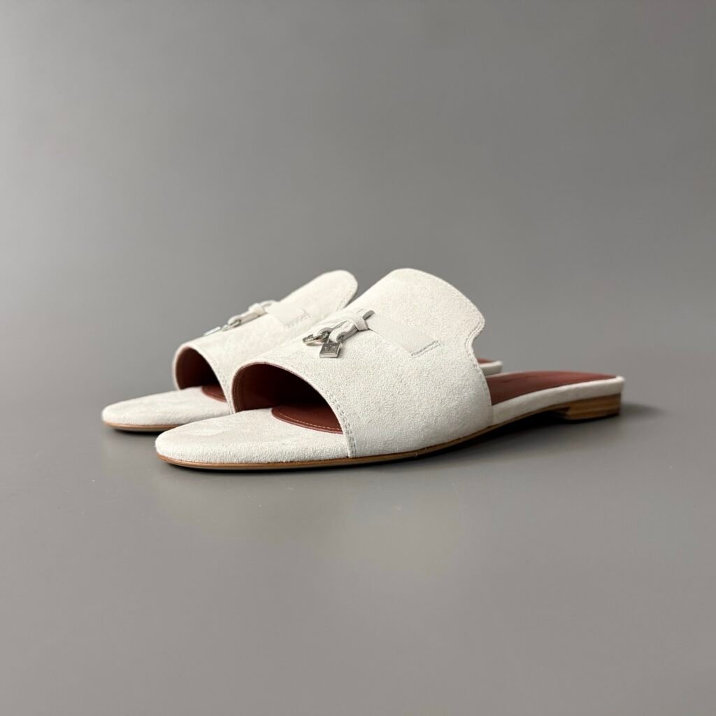 AuroraCustom Loro Piana Summer Charms Flat Slide Sandals (Premium Imported Suede Leather & Signature Silver Metal Charms Women's Off-White Edition)