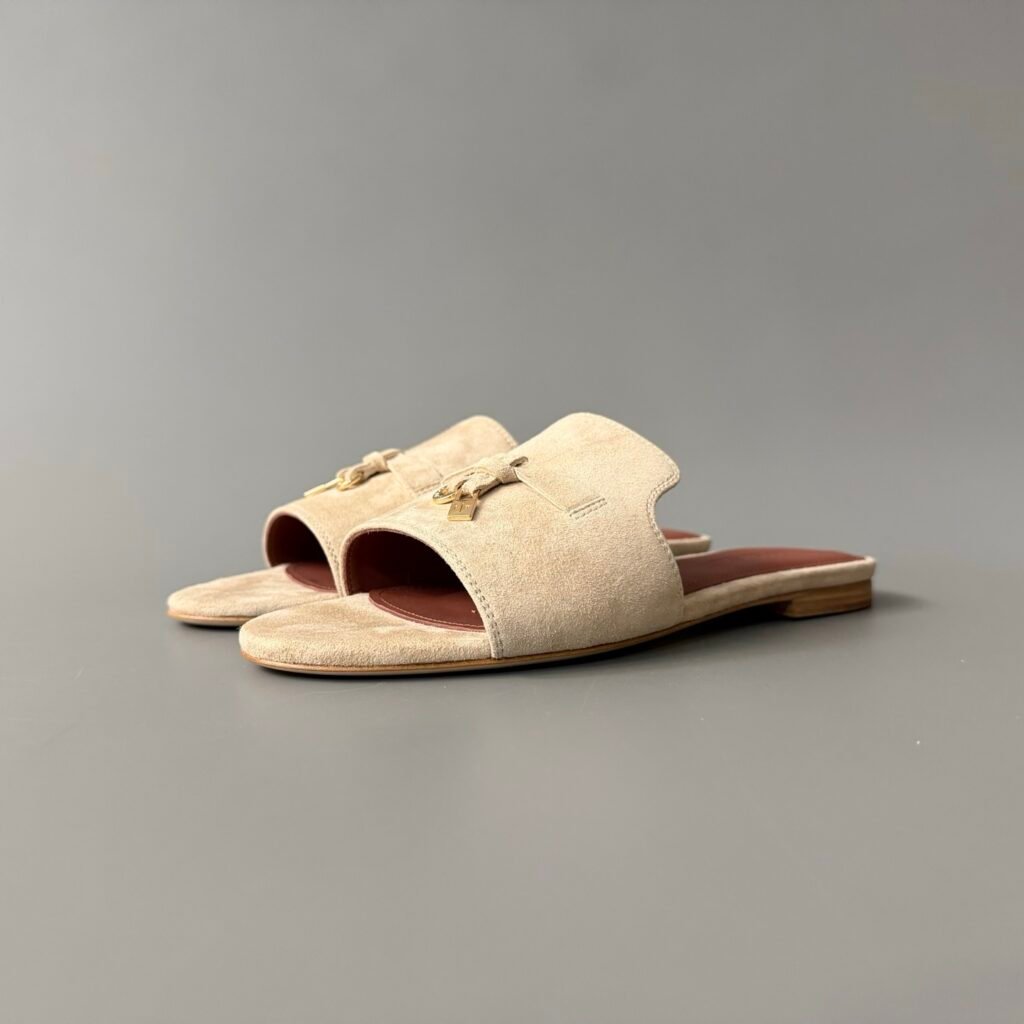 AuroraCustom Loro Piana Summer Charms Flat Slide Sandals (Premium Imported Suede Leather & Signature Gold Metal Charms Women's Sand Beige Edition)