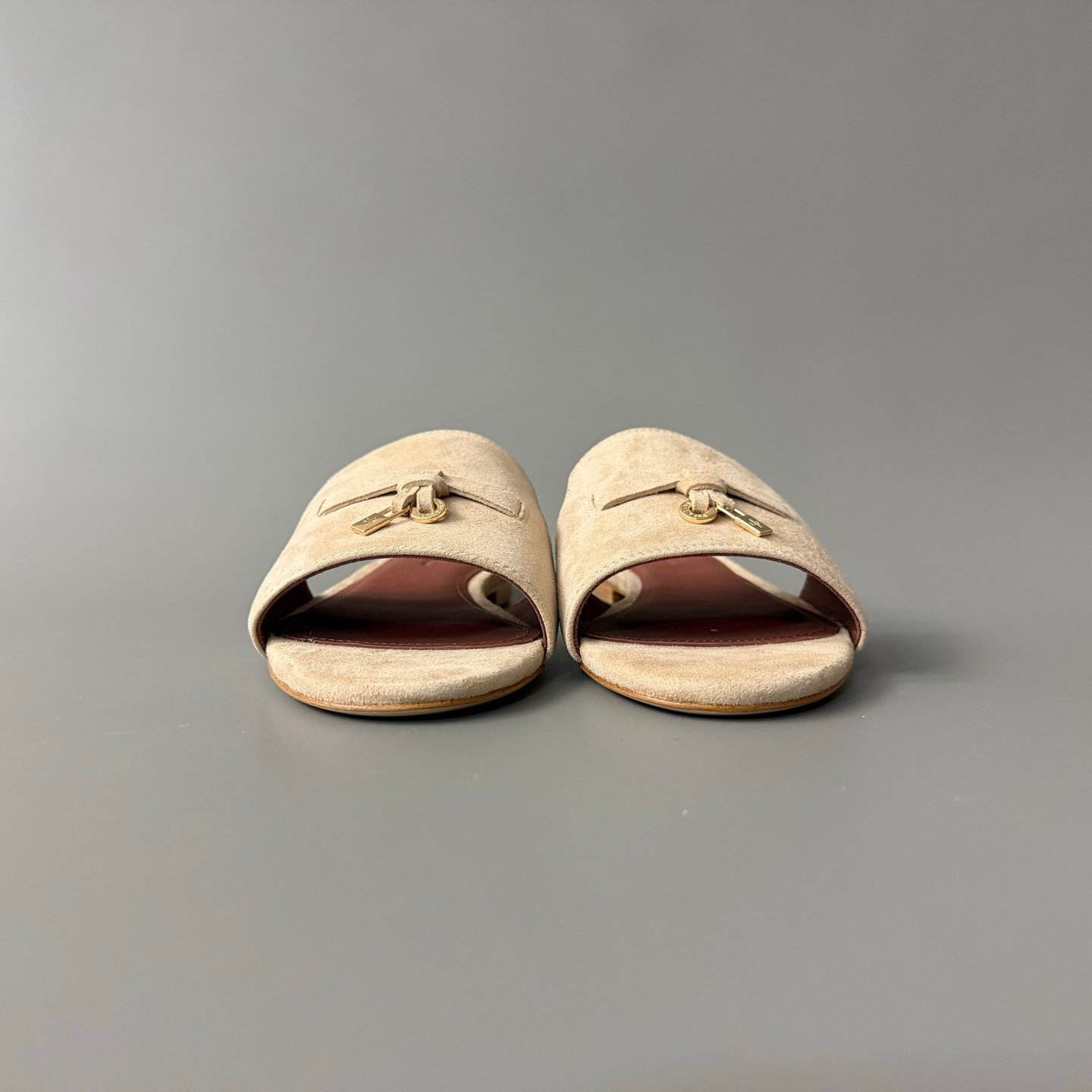 AuroraCustom Loro Piana Summer Charms Flat Slide Sandals (Premium Imported Suede Leather & Signature Gold Metal Charms Women's Sand Beige Edition) - Image 2