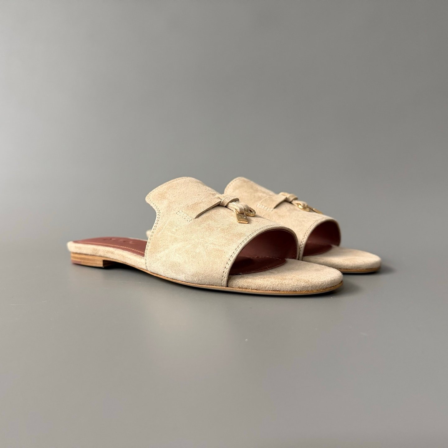AuroraCustom Loro Piana Summer Charms Flat Slide Sandals (Premium Imported Suede Leather & Signature Gold Metal Charms Women's Sand Beige Edition) - Image 3