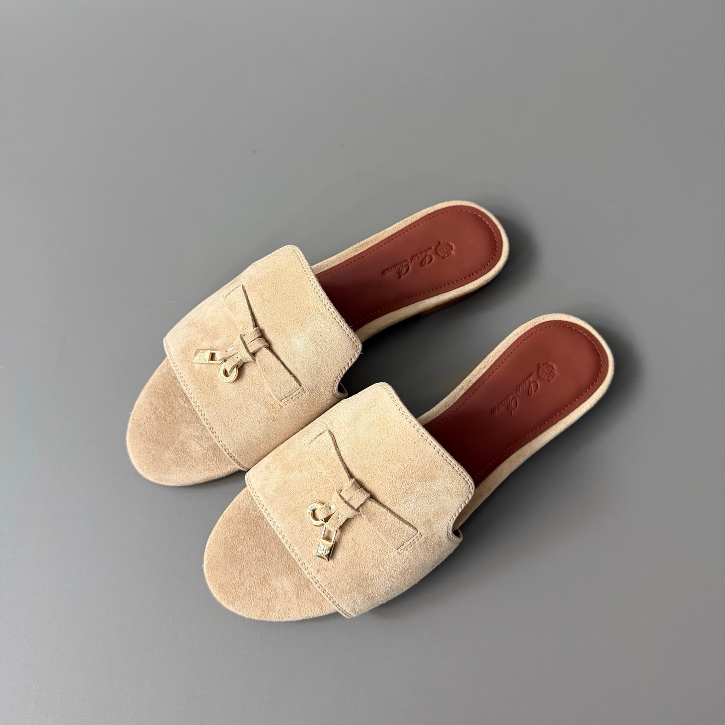 AuroraCustom Loro Piana Summer Charms Flat Slide Sandals (Premium Imported Suede Leather & Signature Gold Metal Charms Women's Sand Beige Edition) - Image 8