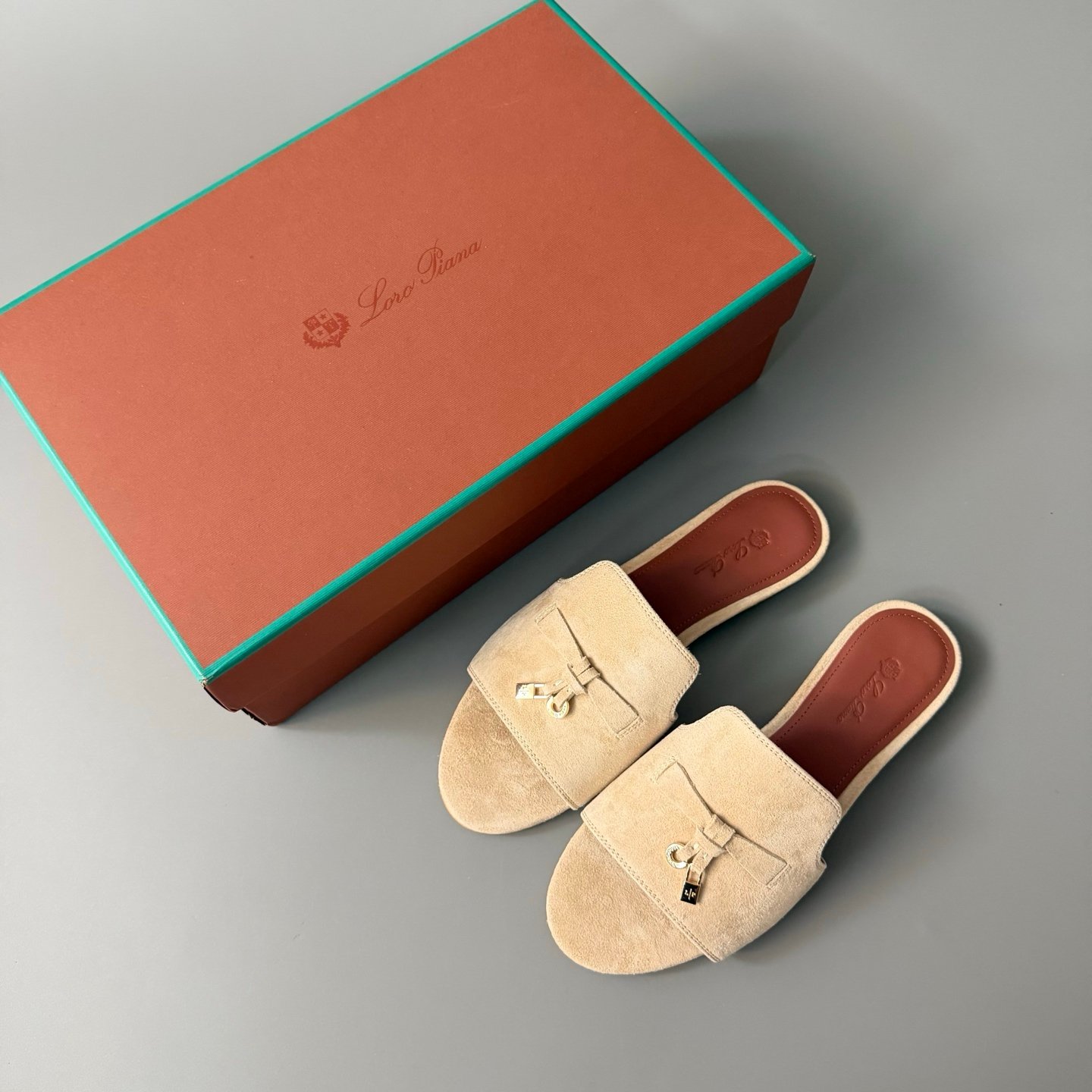 AuroraCustom Loro Piana Summer Charms Flat Slide Sandals (Premium Imported Suede Leather & Signature Gold Metal Charms Women's Sand Beige Edition) - Image 9