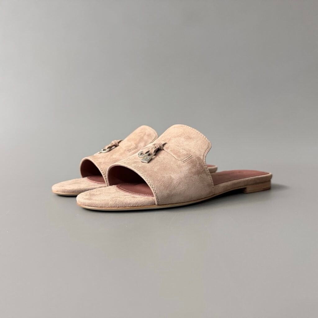 AuroraCustom Loro Piana Summer Charms Flat Slide Sandals (Premium Imported Suede Leather & Signature Silver Metal Charms Women's Rose Taupe Edition)