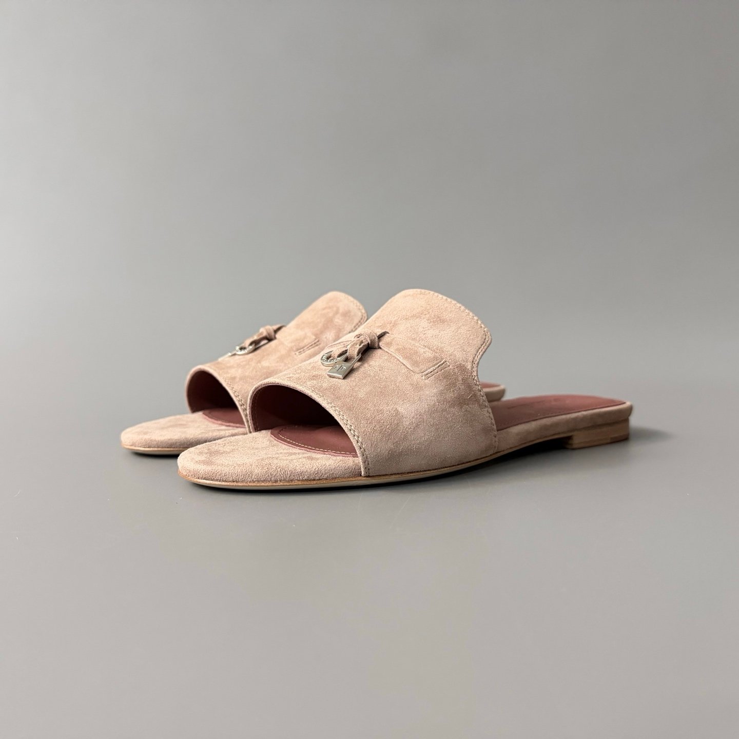 AuroraCustom Loro Piana Summer Charms Flat Slide Sandals (Premium Imported Suede Leather & Signature Silver Metal Charms Women's Rose Taupe Edition)