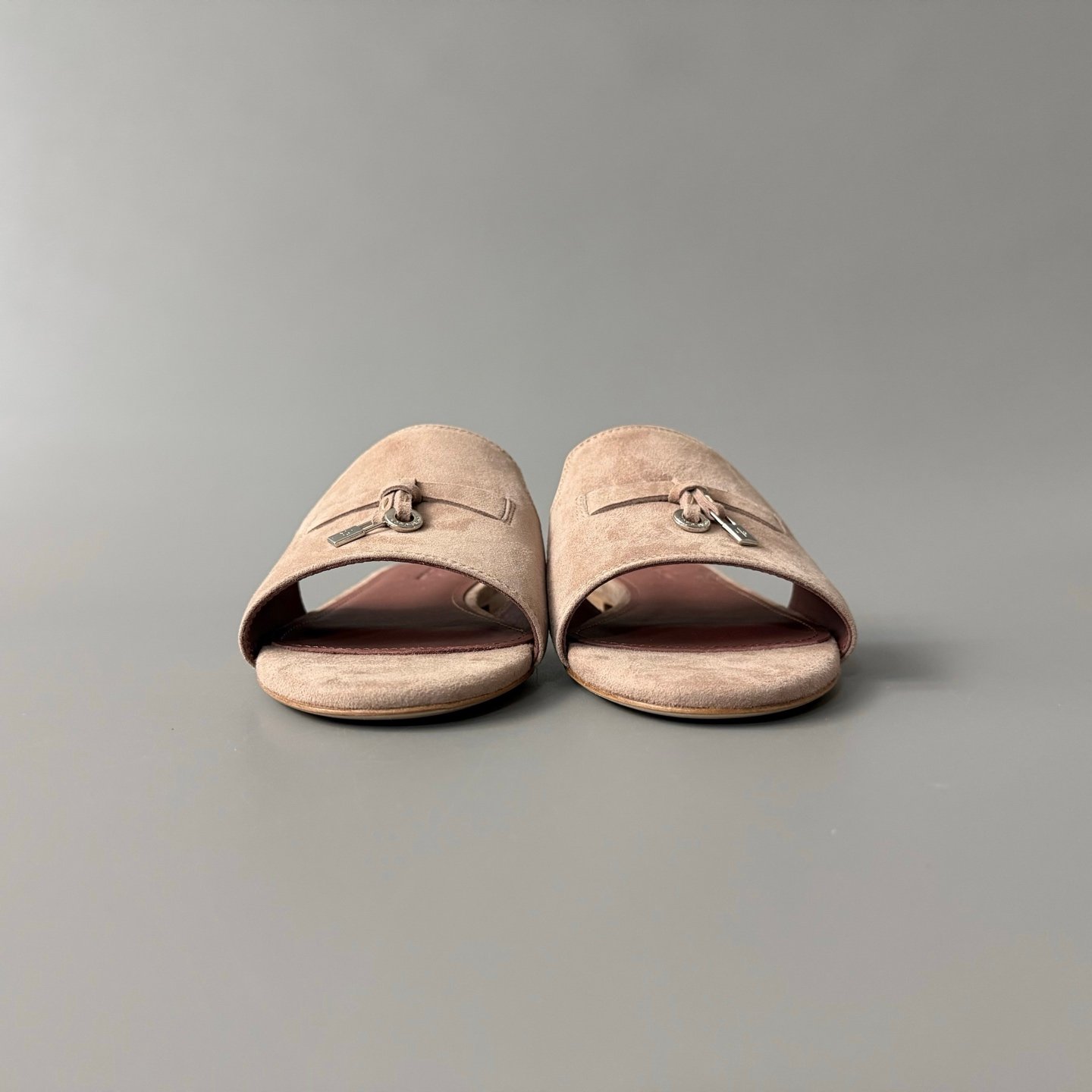 AuroraCustom Loro Piana Summer Charms Flat Slide Sandals (Premium Imported Suede Leather & Signature Silver Metal Charms Women's Rose Taupe Edition) - Image 2