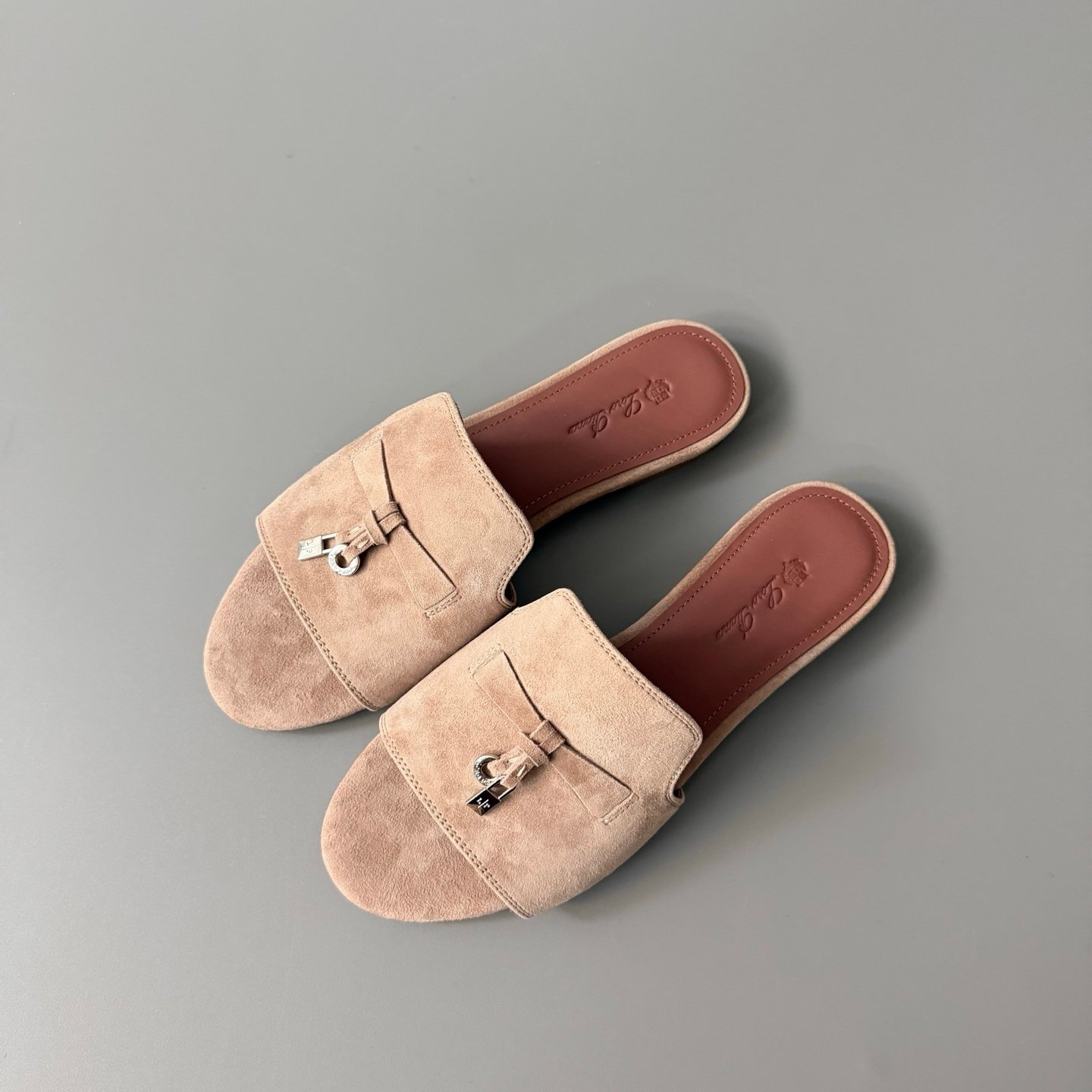 AuroraCustom Loro Piana Summer Charms Flat Slide Sandals (Premium Imported Suede Leather & Signature Silver Metal Charms Women's Rose Taupe Edition) - Image 8