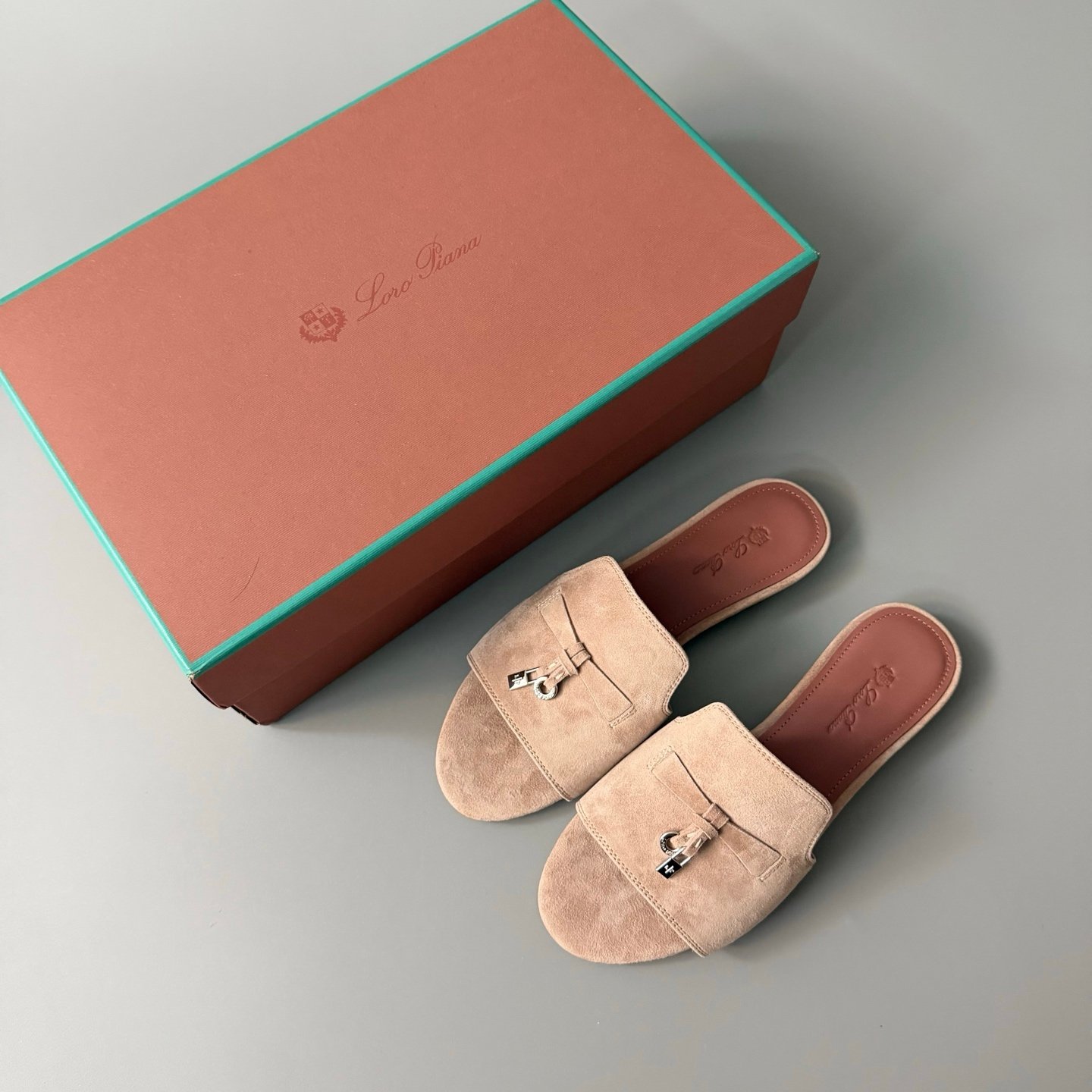 AuroraCustom Loro Piana Summer Charms Flat Slide Sandals (Premium Imported Suede Leather & Signature Silver Metal Charms Women's Rose Taupe Edition) - Image 9