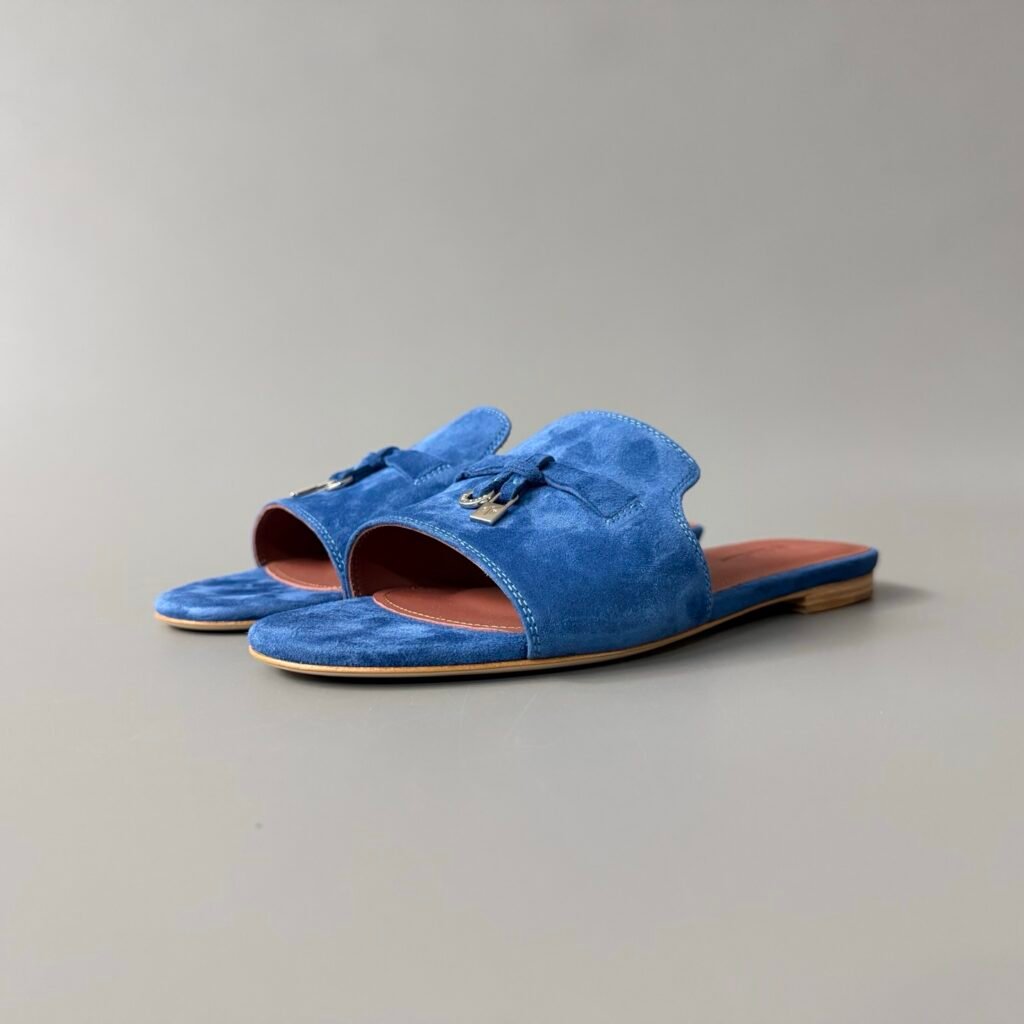 AuroraCustom Loro Piana Summer Charms Flat Slide Sandals (Premium Imported Suede Leather & Signature Silver Metal Charms Women's Royal Blue Edition)