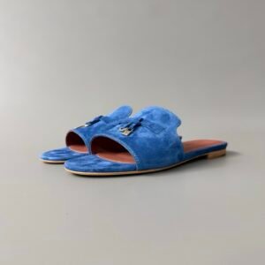 AuroraCustom Loro Piana Summer Charms Flat Slide Sandals (Premium Imported Suede Leather & Signature Silver Metal Charms Women's Royal Blue Edition)