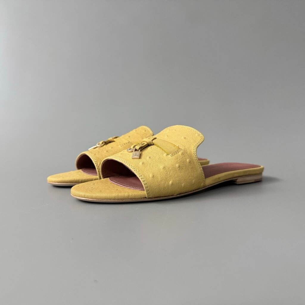AuroraCustom Loro Piana Summer Charms Flat Slide Sandals (Premium Ostrich-Pattern Embossed Leather & Signature Gold Metal Charms Women's Mustard Yellow Edition)