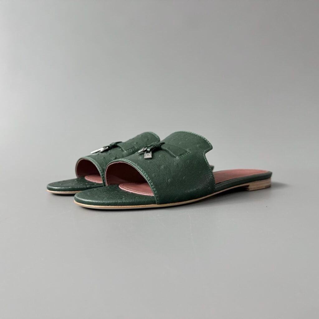 AuroraCustom Loro Piana Summer Charms Flat Slide Sandals (Premium Ostrich-Pattern Embossed Leather & Signature Silver Metal Charms Women's Forest Green Edition)