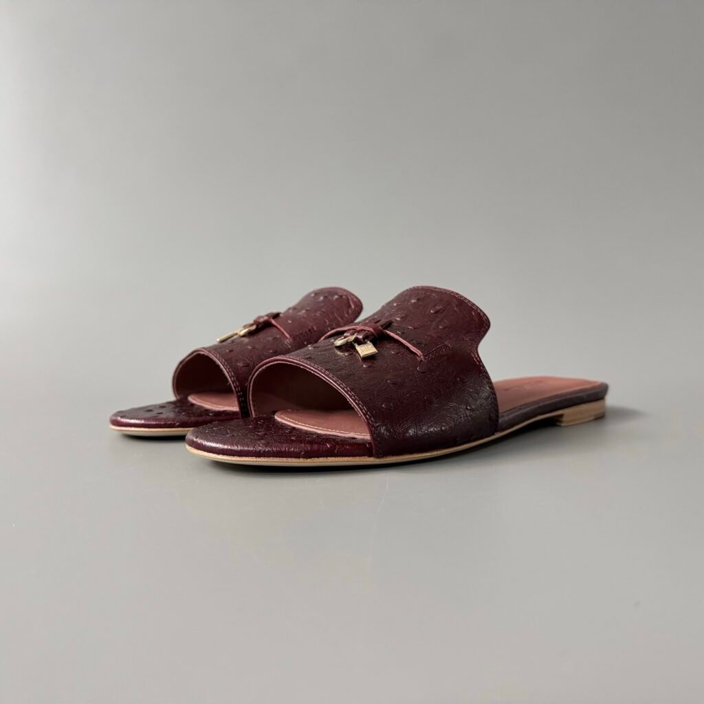 AuroraCustom Loro Piana Summer Charms Flat Slide Sandals (Premium Ostrich-Pattern Embossed Leather & Signature Gold Metal Charms Women's Dark Burgundy Edition)