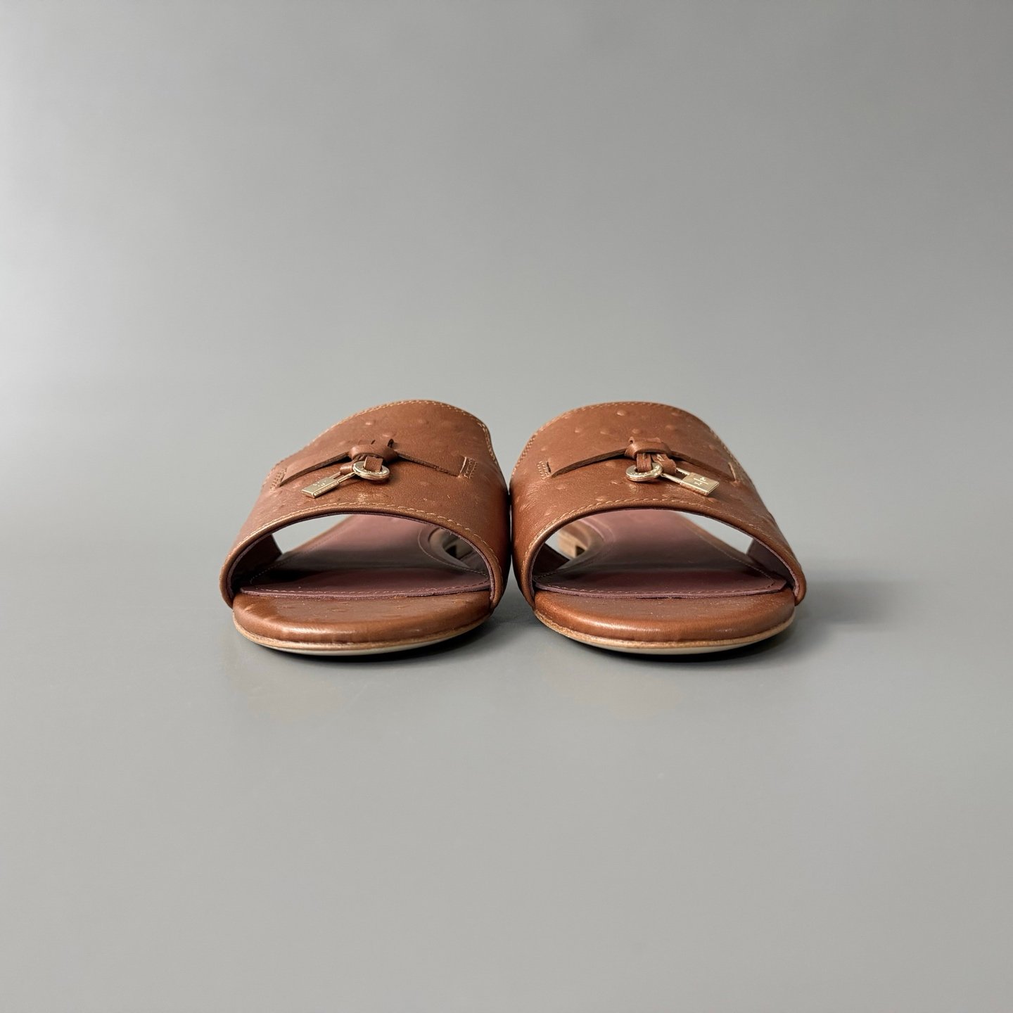 AuroraCustom Loro Piana Summer Charms Flat Slide Sandals (Premium Ostrich-Pattern Embossed Leather & Signature Gold Metal Charms Women's Chestnut Brown Edition) - Image 2