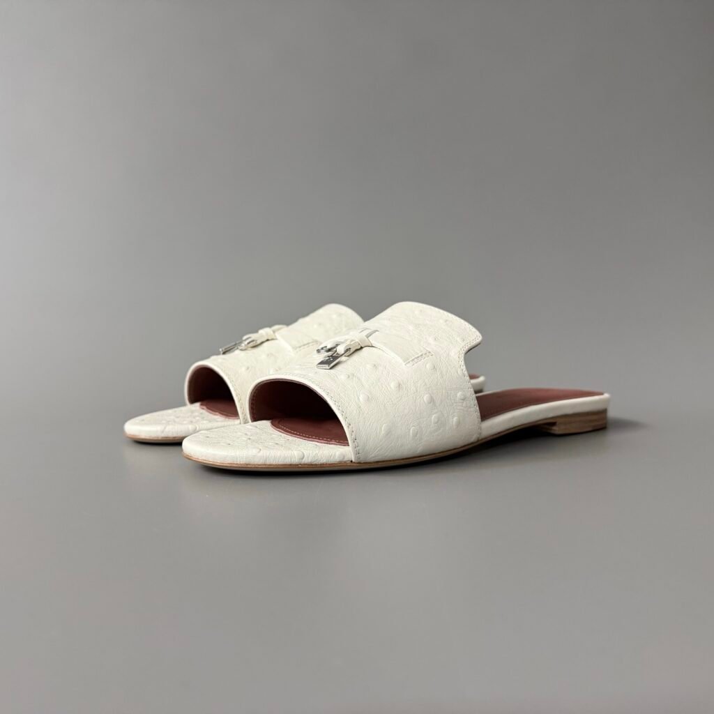 AuroraCustom Loro Piana Summer Charms Flat Slide Sandals (Premium Ostrich-Pattern Embossed Leather & Signature Silver Metal Charms Women's Off-White Edition)