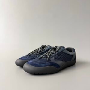 AuroraCustom Prada Speedrock Round-Toe Drawstring Low-Top Casual Sneakers (Premium Tailored Calfskin Leather, Suede Paneling & Private Mold 4cm Rubber Sole Men's Navy Blue Edition)