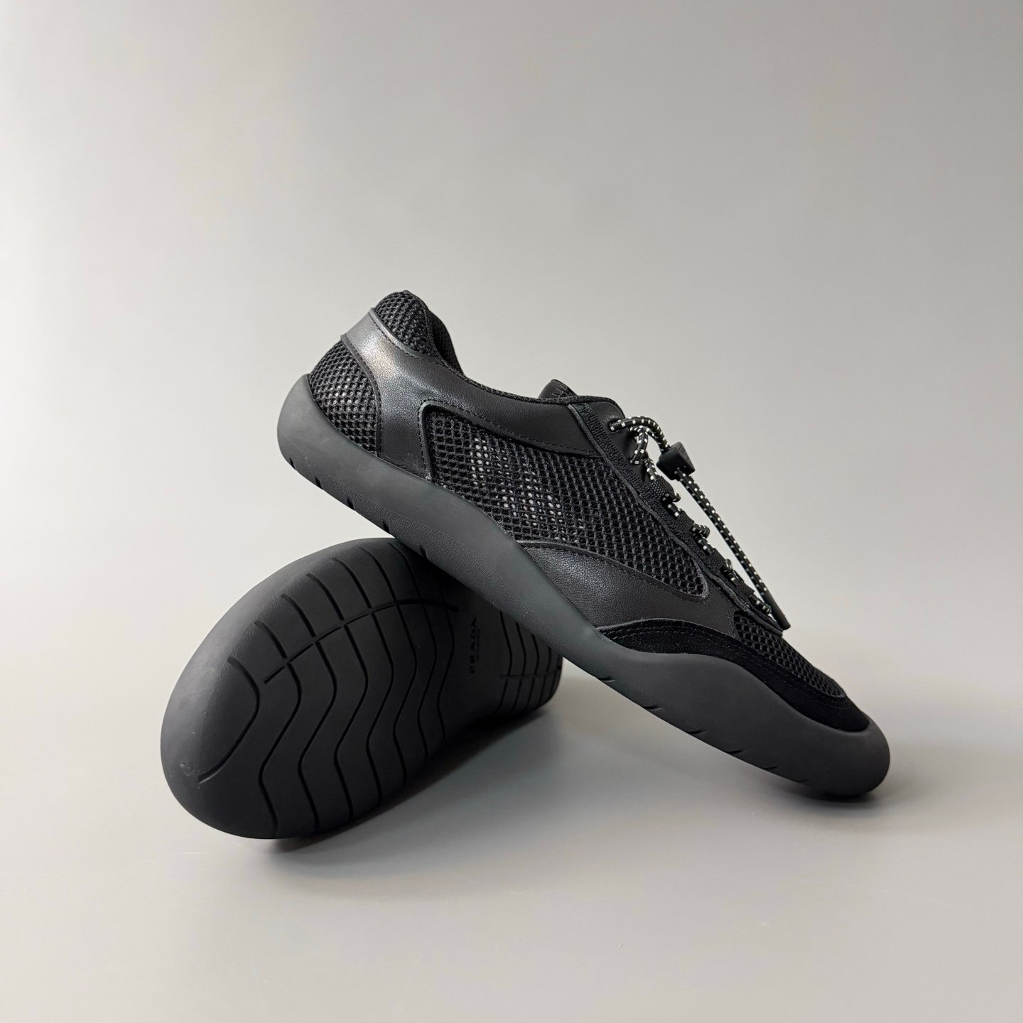 AuroraCustom Prada Speedrock Round-Toe Drawstring Low-Top Casual Sneakers (Premium Tailored Calfskin Leather, Suede Paneling & Private Mold 4cm Rubber Sole Men's Stealth Black Edition) - Image 7