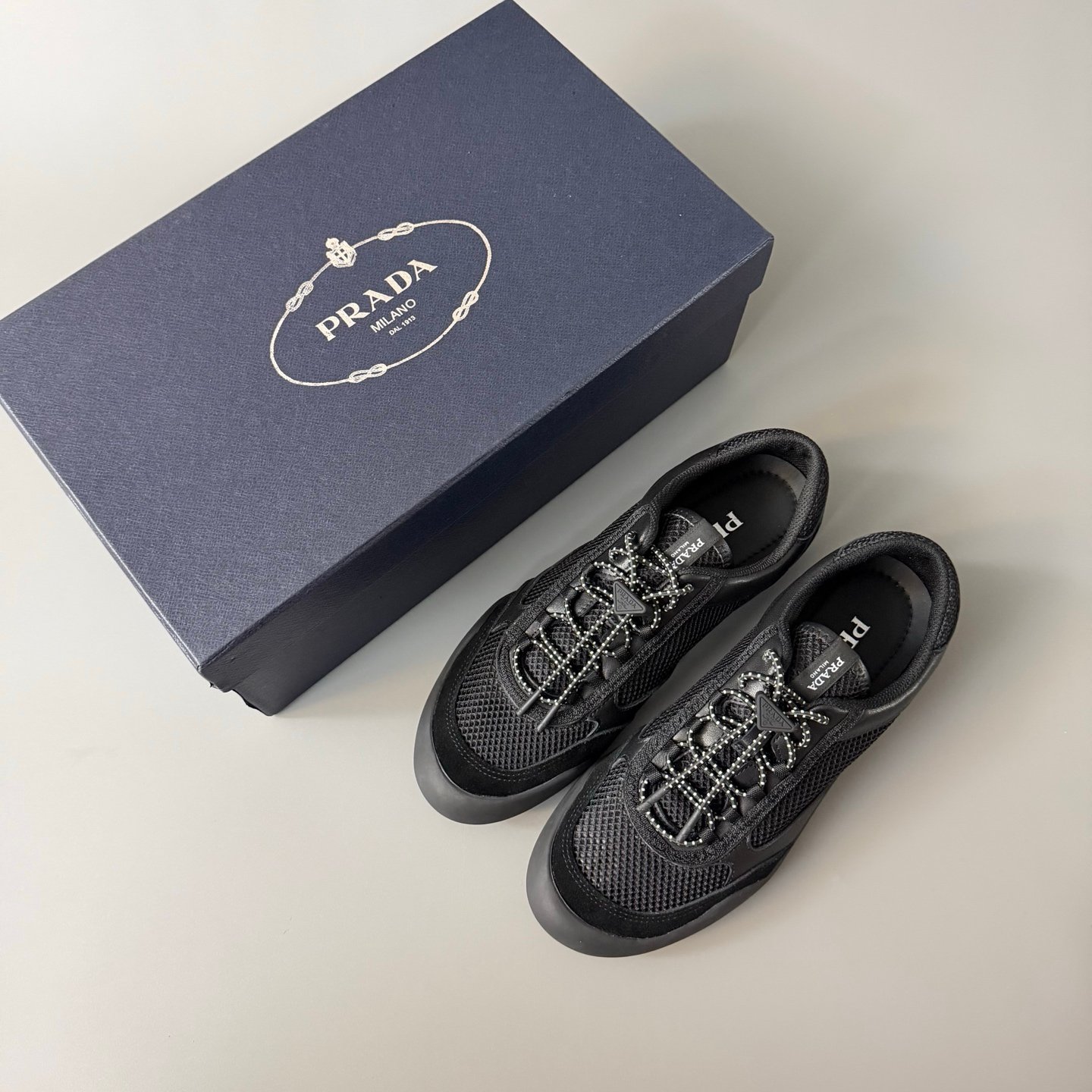 AuroraCustom Prada Speedrock Round-Toe Drawstring Low-Top Casual Sneakers (Premium Tailored Calfskin Leather, Suede Paneling & Private Mold 4cm Rubber Sole Men's Stealth Black Edition) - Image 9