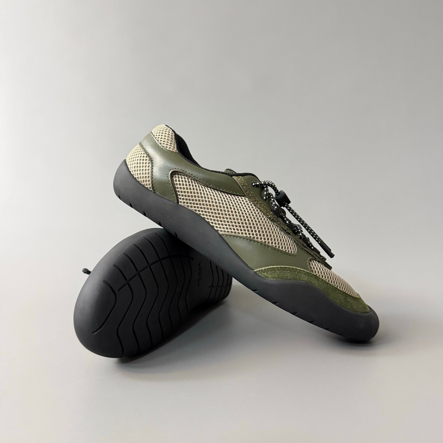 AuroraCustom Prada Speedrock Round-Toe Drawstring Low-Top Casual Sneakers (Premium Tailored Calfskin Leather, Suede Paneling & Private Mold 4cm Rubber Sole Men's Olive Green Edition) - Image 7