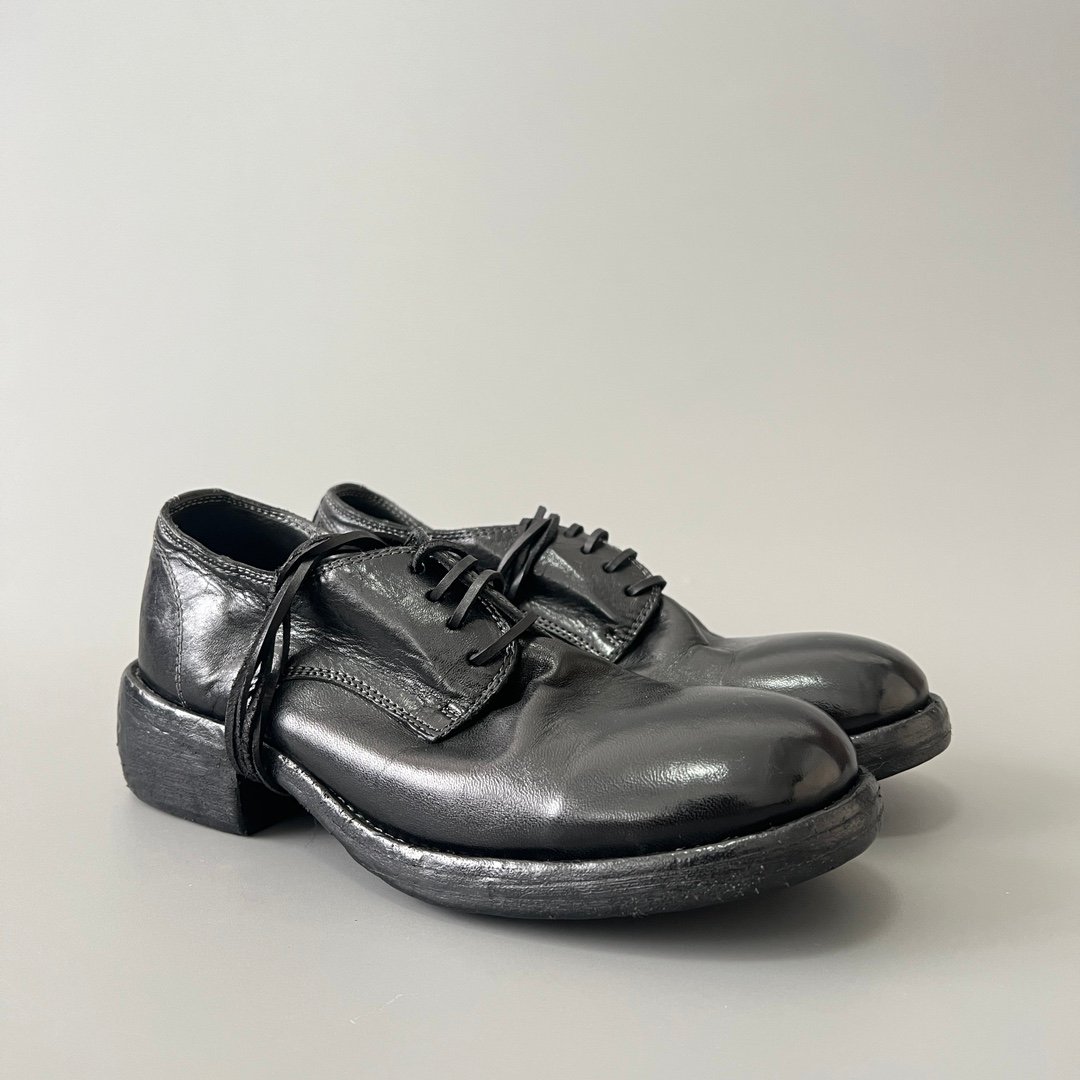 AuroraCustom Guidi 792 Classic Round-Toe Derby Shoes (Handcrafted Goodyear Welted Washed Horse Leather Matte Black Contrast Stitch Edition) - Image 3