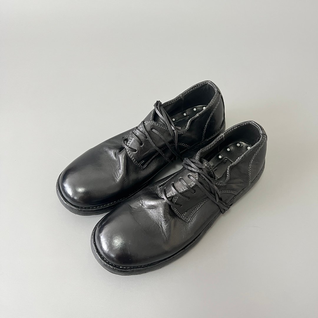 AuroraCustom Guidi 792 Classic Round-Toe Derby Shoes (Handcrafted Goodyear Welted Washed Horse Leather Matte Black Contrast Stitch Edition) - Image 8