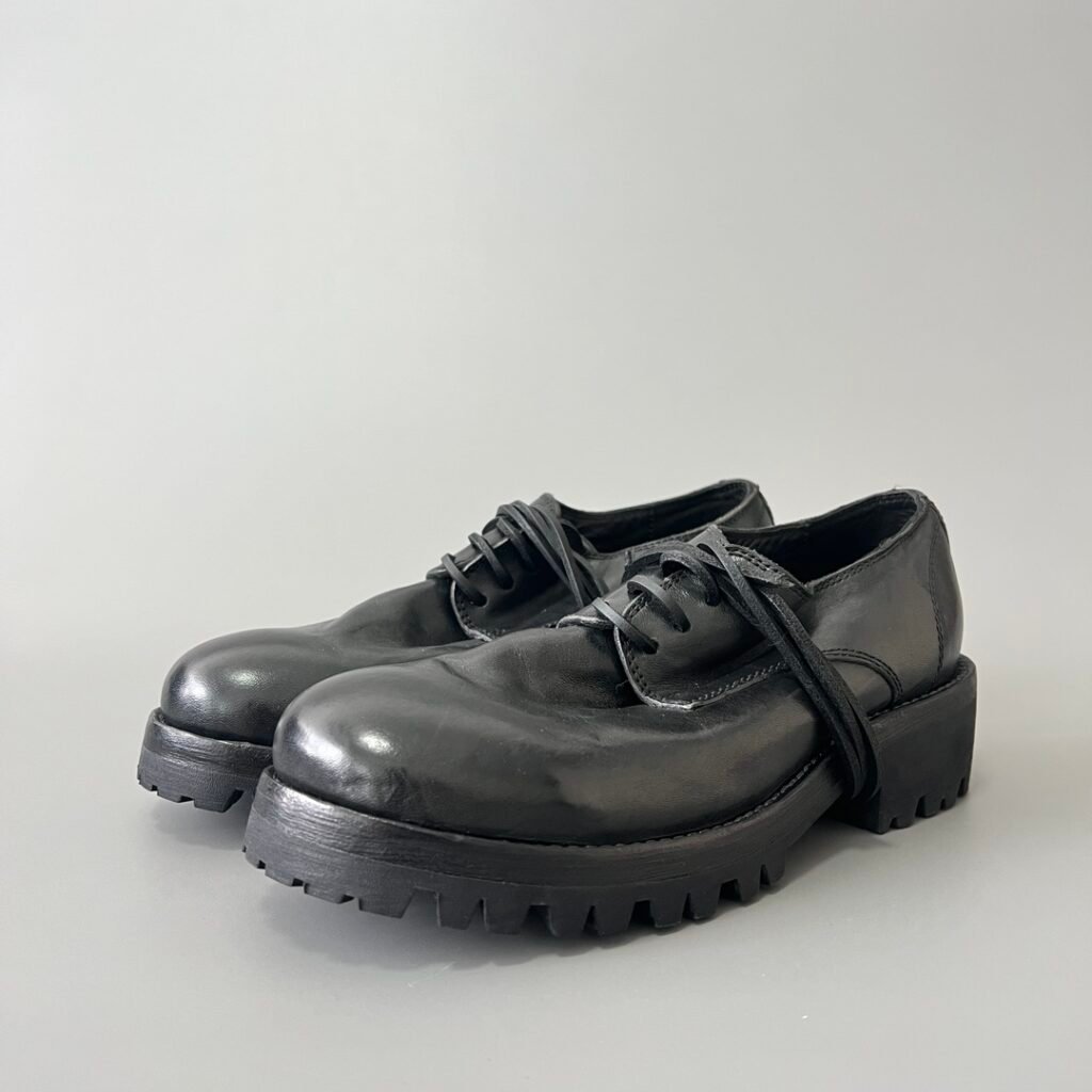 AuroraCustom Guidi 792 Lug-Sole Round-Toe Derby Shoes (Handcrafted Goodyear Welted Washed Horse Leather Matte Black Commando Edition)