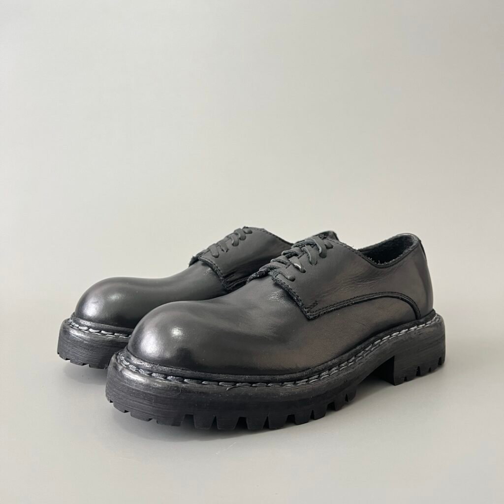 AuroraCustom Guidi 792 Lug-Sole Bulbous Round-Toe Derby Shoes (Handcrafted Goodyear Welted Washed Horse Leather Matte Black Commando Edition)
