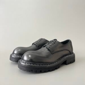 AuroraCustom Guidi 792 Lug-Sole Bulbous Round-Toe Derby Shoes (Handcrafted Goodyear Welted Washed Horse Leather Matte Black Commando Edition)
