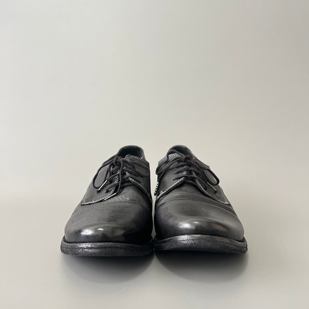 AuroraCustom Guidi 792 Classic Round-Toe Derby Shoes (Handcrafted Goodyear Welted Washed Horse Leather Matte Black Contrast Stitch Edition) - Image 2