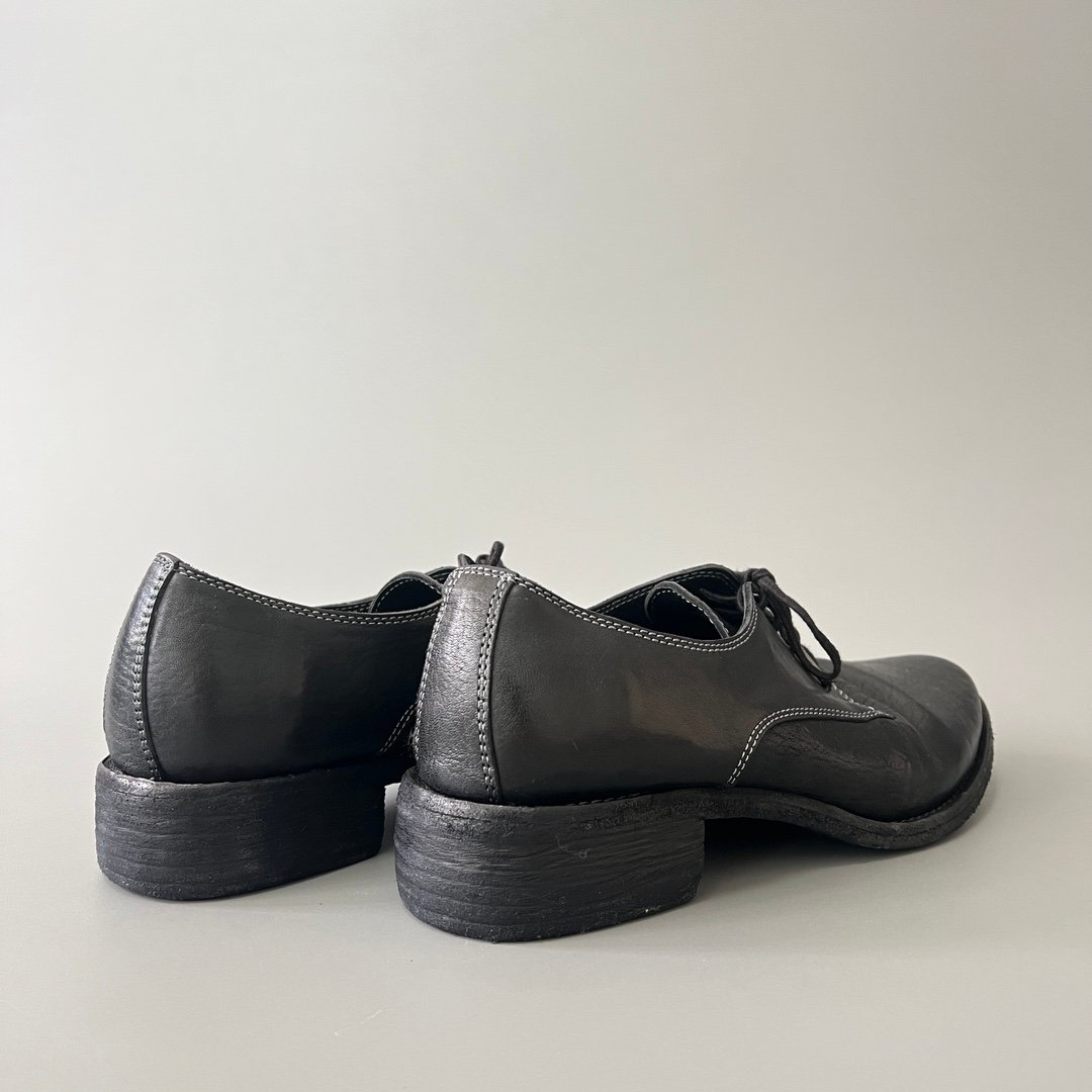 AuroraCustom Guidi 792 Classic Round-Toe Derby Shoes (Handcrafted Goodyear Welted Washed Horse Leather Matte Black Contrast Stitch Edition) - Image 4