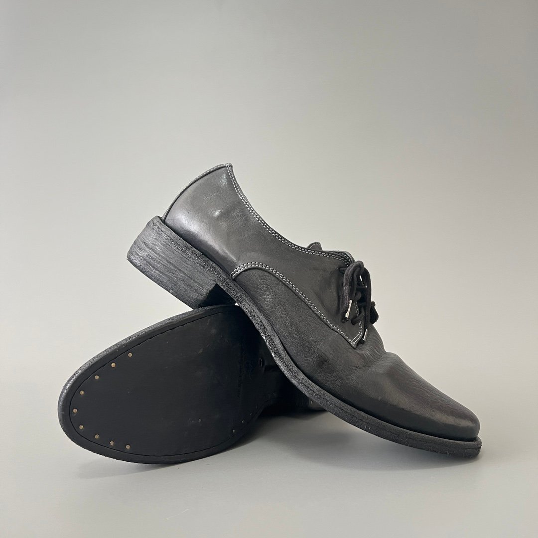 AuroraCustom Guidi 792 Classic Round-Toe Derby Shoes (Handcrafted Goodyear Welted Washed Horse Leather Matte Black Contrast Stitch Edition) - Image 7