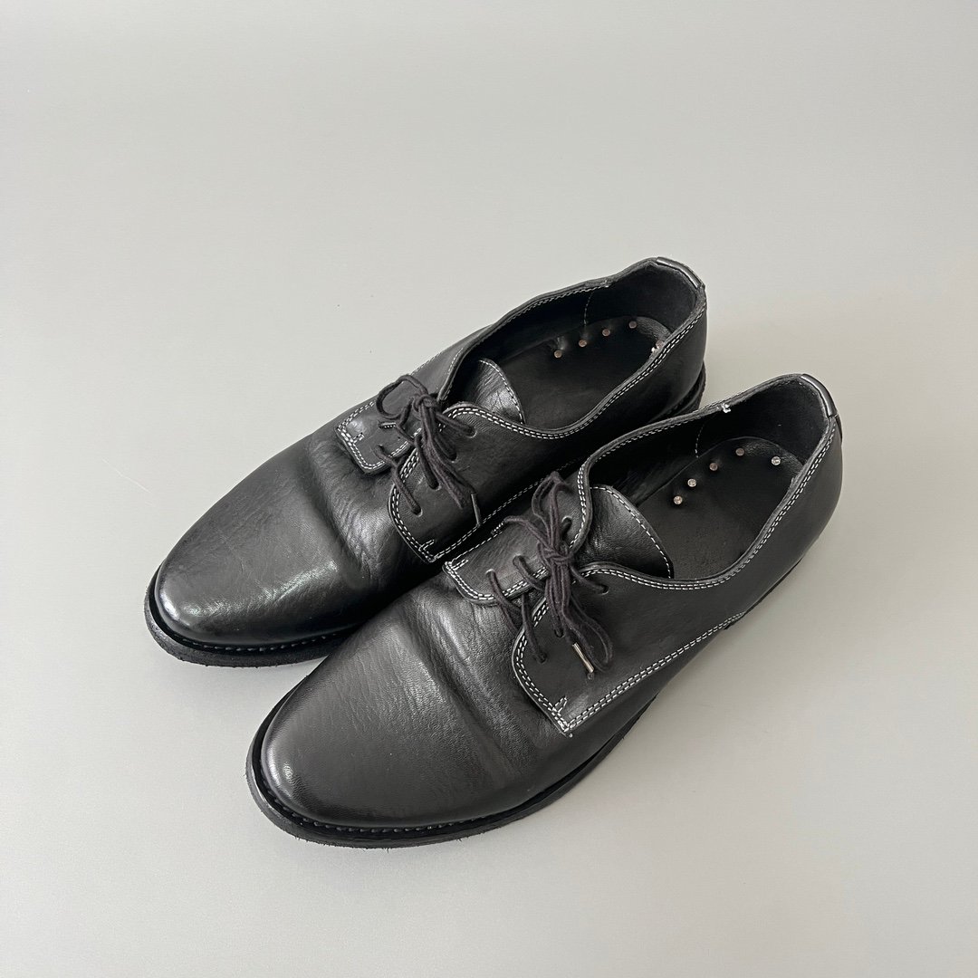 AuroraCustom Guidi 792 Classic Round-Toe Derby Shoes (Handcrafted Goodyear Welted Washed Horse Leather Matte Black Contrast Stitch Edition) - Image 8