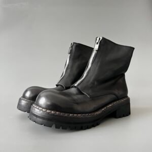 AuroraCustom Guidi 05v Bulbous-Toe Washed Vintage Short Boots (Handcrafted Goodyear Welted Washed Horse Leather Matte Black Front-Zip Edition)