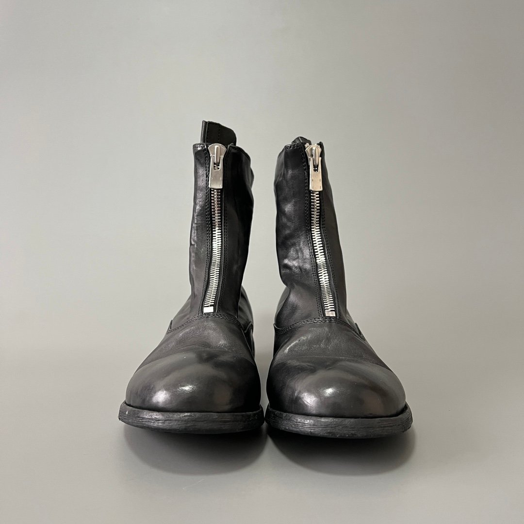 AuroraCustom Guidi PL2 Front-Zip Mid-Calf Short Boots (Handcrafted Goodyear Welted Washed Horse Leather Matte Black Edition) - Image 2