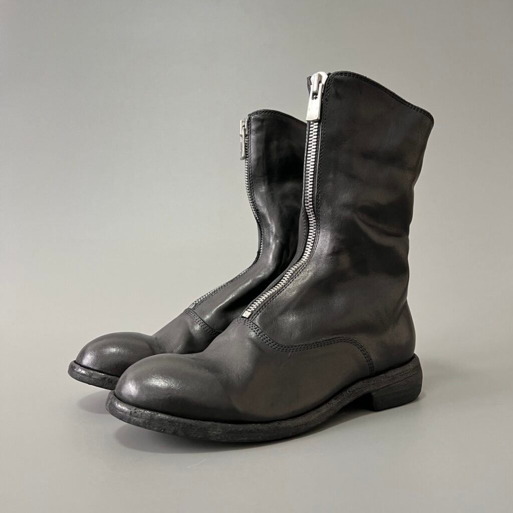 AuroraCustom Guidi PL1 Front-Zip Mid-Calf Short Boots (Handcrafted Goodyear Welted Washed Horse Leather Matte Black Extended Shaft Edition)