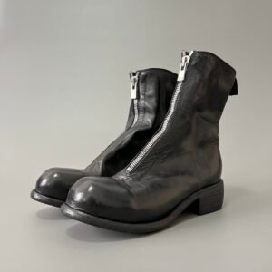 AuroraCustom Guidi 210 Bulbous-Toe Front-Zip Low-Calf Short Boots (Handcrafted Goodyear Welted Washed Horse Leather Matte Black Edition)