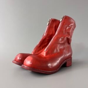 AuroraCustom Guidi 210 Bulbous-Toe Front-Zip Low-Calf Short Boots (Handcrafted Goodyear Welted Washed Horse Leather Artisan Red Edition)