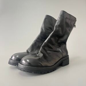 AuroraCustom Guidi 210 Bulbous-Toe Back-Zip Low-Calf Short Boots (Handcrafted Goodyear Welted Washed Horse Leather Matte Black Commando Edition)