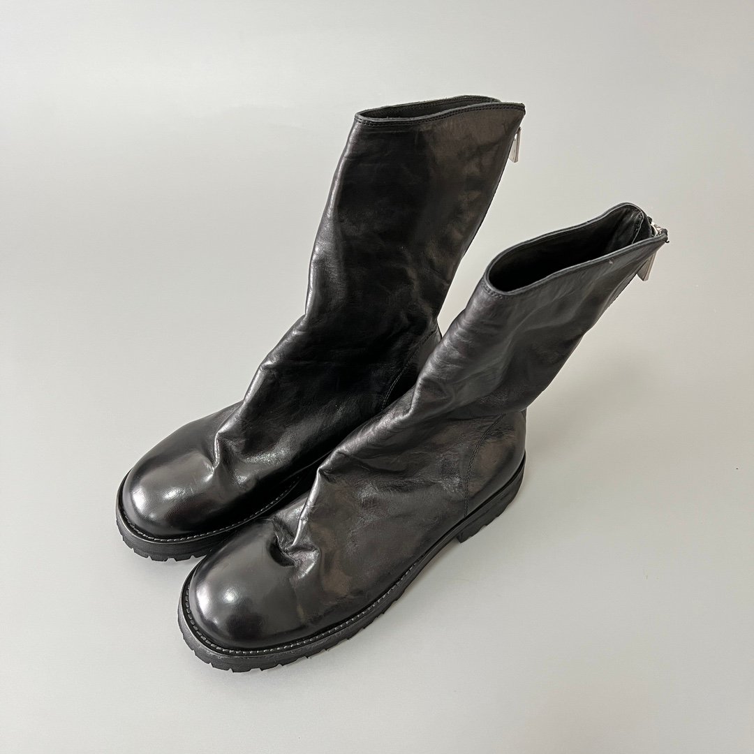AuroraCustom Guidi 210 Bulbous-Toe Back-Zip Low-Calf Short Boots (Handcrafted Goodyear Welted Washed Horse Leather Matte Black Commando Edition) - Image 8