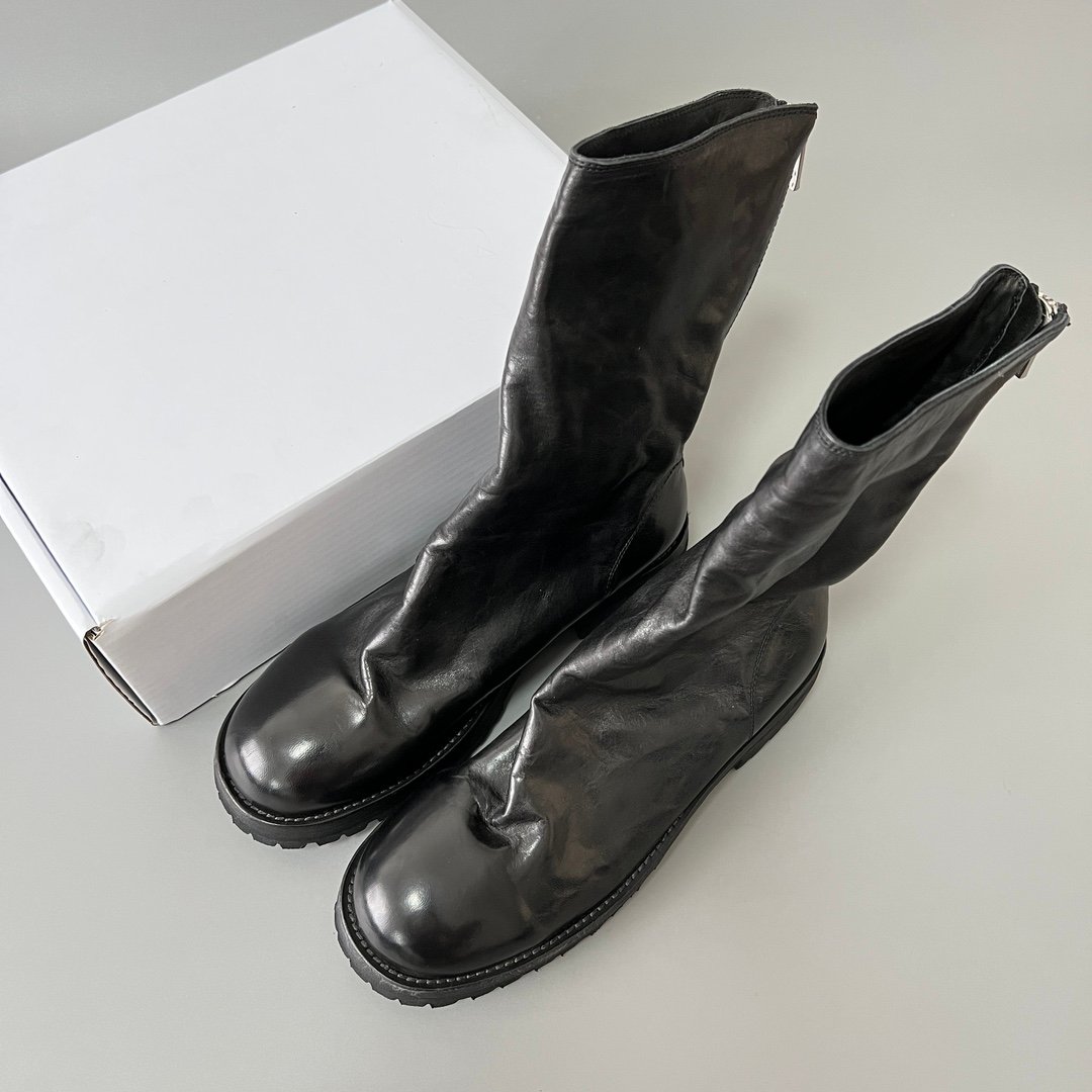 AuroraCustom Guidi 210 Bulbous-Toe Back-Zip Low-Calf Short Boots (Handcrafted Goodyear Welted Washed Horse Leather Matte Black Commando Edition) - Image 9