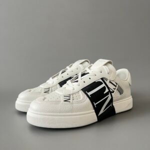 AuroraCustom Valentino VL7N Calfskin Fashion Sneakers (Premium Unisex Grained Calfskin & Suede Paneled Black Webbing Straps Edition)