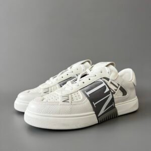 AuroraCustom Valentino VL7N Calfskin Fashion Sneakers (Premium Unisex Grained Calfskin & Suede Paneled Grey Webbing Straps Edition)