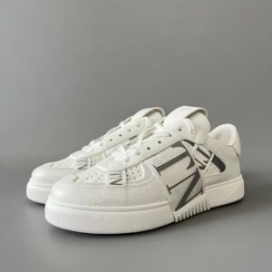 AuroraCustom Valentino VL7N Calfskin Fashion Sneakers (Premium Unisex Grained Calfskin & Suede Paneled Clear White & Silver Webbing Straps Edition)