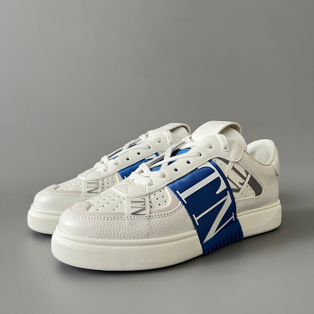 AuroraCustom Valentino VL7N Calfskin Fashion Sneakers (Premium Unisex Grained Calfskin & Suede Paneled Electric Blue Webbing Straps Edition)