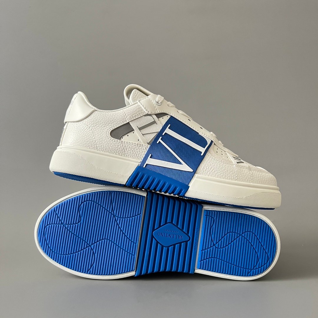 AuroraCustom Valentino VL7N Calfskin Fashion Sneakers (Premium Unisex Grained Calfskin & Suede Paneled Electric Blue Webbing Straps Edition) - Image 6