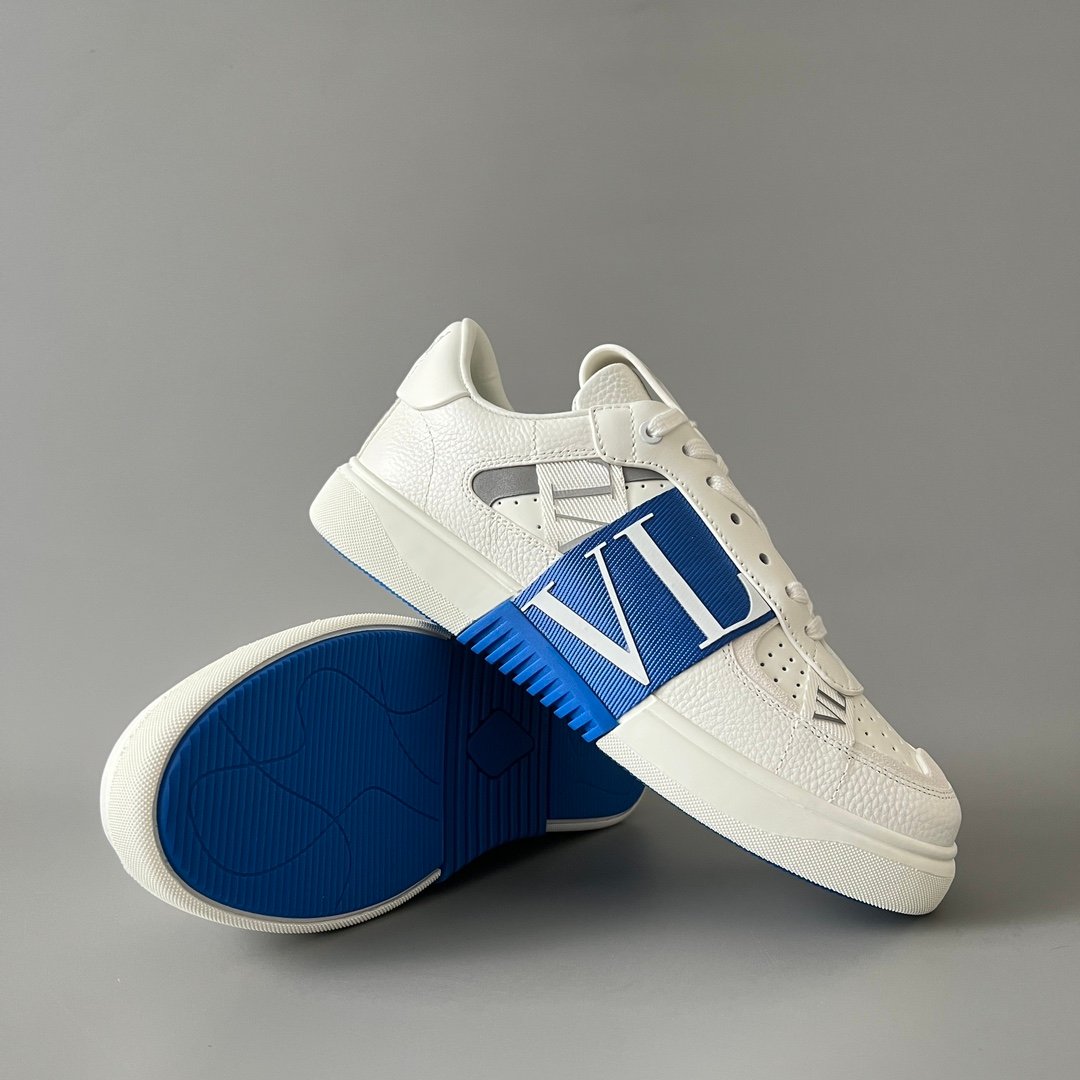 AuroraCustom Valentino VL7N Calfskin Fashion Sneakers (Premium Unisex Grained Calfskin & Suede Paneled Electric Blue Webbing Straps Edition) - Image 7