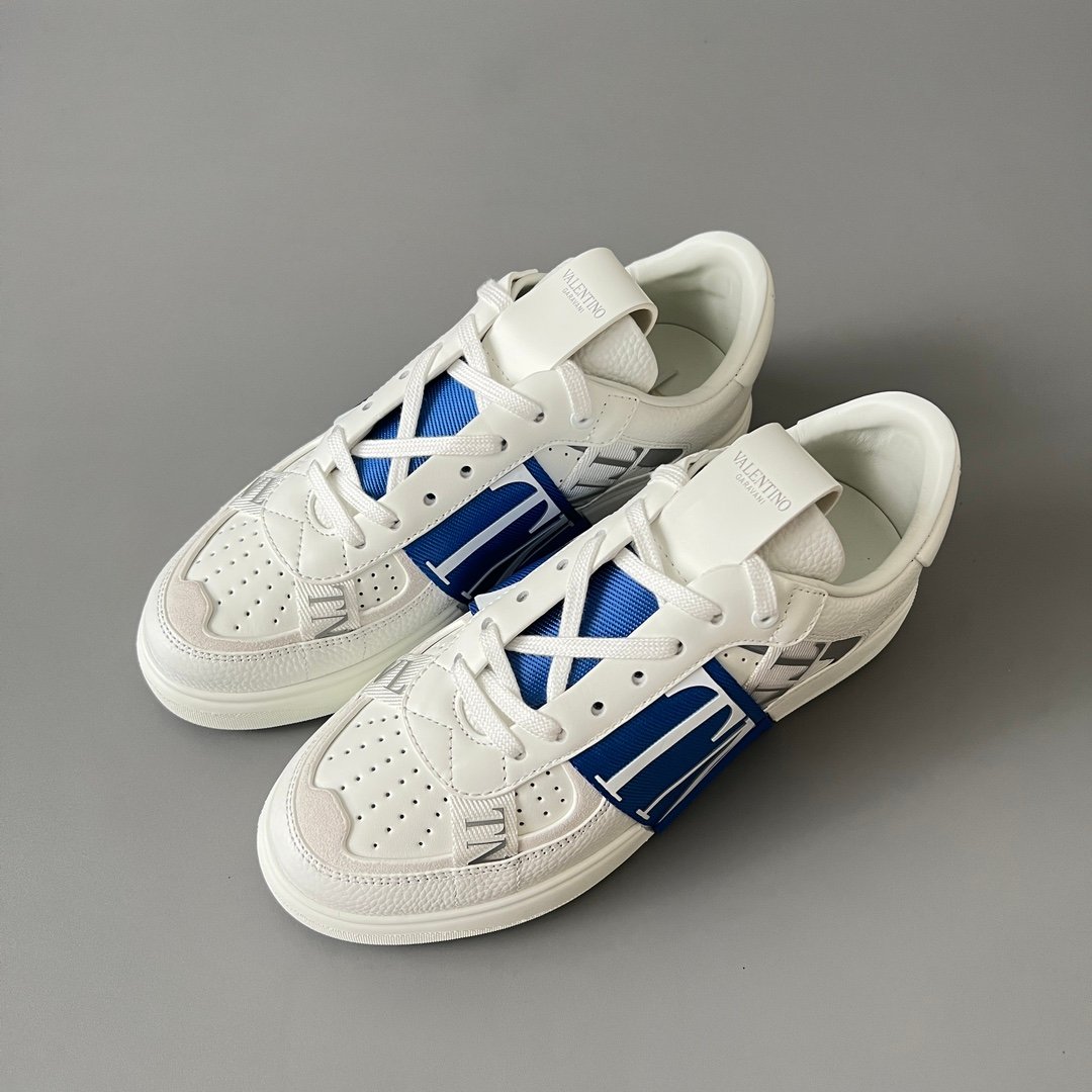 AuroraCustom Valentino VL7N Calfskin Fashion Sneakers (Premium Unisex Grained Calfskin & Suede Paneled Electric Blue Webbing Straps Edition) - Image 8